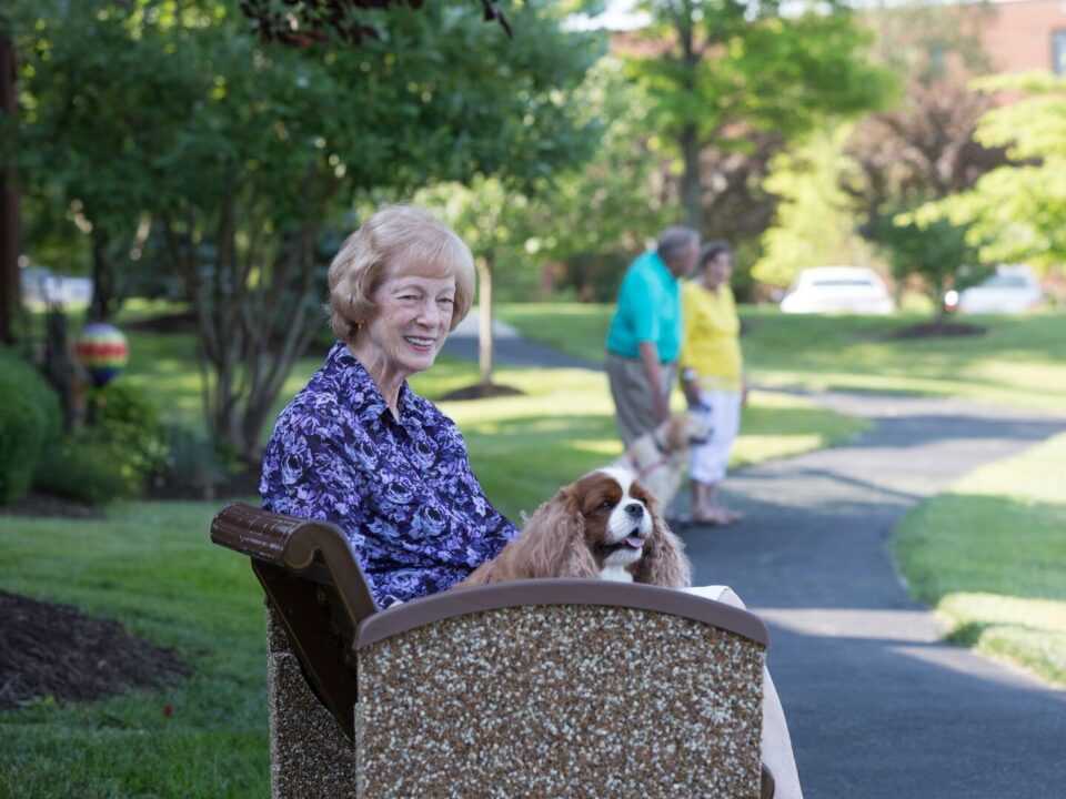 A senior woman sits on a park bench with her small white and brown dog on her lap.