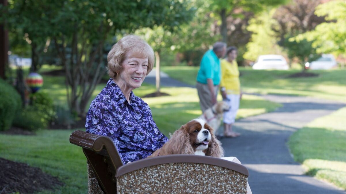 A senior woman sits on a park bench with her small white and brown dog on her lap.