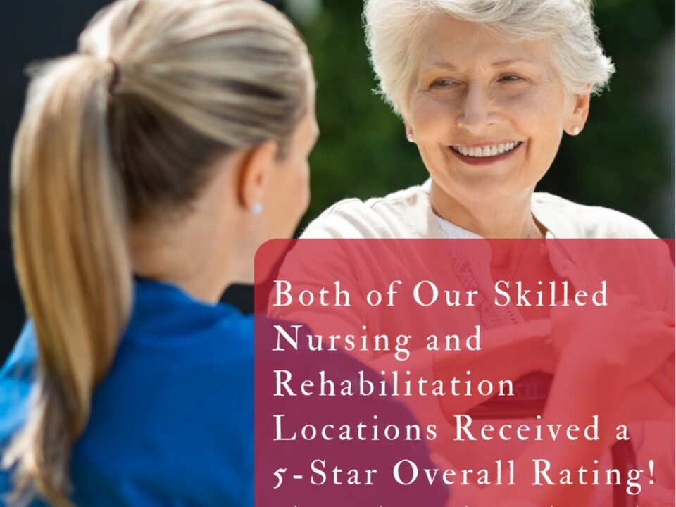 Senior woman smiling and talking to nurse